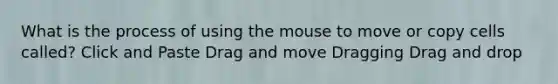 What is the process of using the mouse to move or copy cells called? Click and Paste Drag and move Dragging Drag and drop