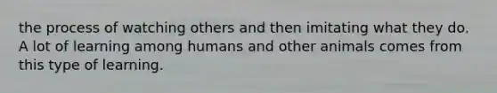 the process of watching others and then imitating what they do. A lot of learning among humans and other animals comes from this type of learning.