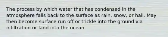 The process by which water that has condensed in the atmosphere falls back to the surface as rain, snow, or hail. May then become surface run off or trickle into the ground via infiltration or land into the ocean.