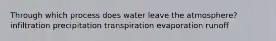 Through which process does water leave the atmosphere? infiltration precipitation transpiration evaporation runoff