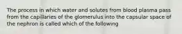 The process in which water and solutes from blood plasma pass from the capillaries of the glomerulus into the capsular space of the nephron is called which of the following