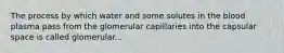 The process by which water and some solutes in the blood plasma pass from the glomerular capillaries into the capsular space is called glomerular...