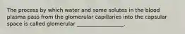 The process by which water and some solutes in the blood plasma pass from the glomerular capillaries into the capsular space is called glomerular __________________.
