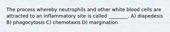 The process whereby neutrophils and other white blood cells are attracted to an inflammatory site is called ________. A) diapedesis B) phagocytosis C) chemotaxis D) margination