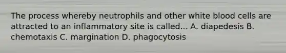 The process whereby neutrophils and other white blood cells are attracted to an inflammatory site is called... A. diapedesis B. chemotaxis C. margination D. phagocytosis