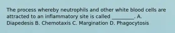 The process whereby neutrophils and other white blood cells are attracted to an inflammatory site is called _________. A. Diapedesis B. Chemotaxis C. Margination D. Phagocytosis