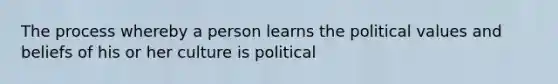 The process whereby a person learns the political values and beliefs of his or her culture is political