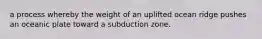 a process whereby the weight of an uplifted ocean ridge pushes an oceanic plate toward a subduction zone.