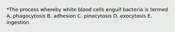 *The process whereby white blood cells engulf bacteria is termed A. phagocytosis B. adhesion C. pinocytosis D. exocytosis E. ingestion