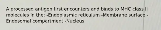 A processed antigen first encounters and binds to MHC class II molecules in the: -Endoplasmic reticulum -Membrane surface -Endosomal compartment -Nucleus