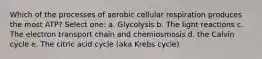 Which of the processes of aerobic cellular respiration produces the most ATP? Select one: a. Glycolysis b. The light reactions c. The electron transport chain and chemiosmosis d. the Calvin cycle e. The citric acid cycle (aka Krebs cycle)