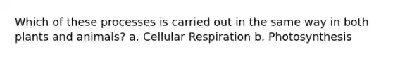 Which of these processes is carried out in the same way in both plants and animals? a. Cellular Respiration b. Photosynthesis