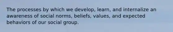 The processes by which we develop, learn, and internalize an awareness of social norms, beliefs, values, and expected behaviors of our social group.