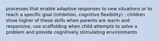 processes that enable adaptive responses to new situations or to reach a specific goal (inhibition, cognitive flexibility) ; children show higher of these skills when parents are warm and responsive, use scaffolding when child attempts to solve a problem and provide cognitively stimulating environments