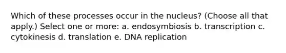 Which of these processes occur in the nucleus? (Choose all that apply.) Select one or more: a. endosymbiosis b. transcription c. cytokinesis d. translation e. DNA replication