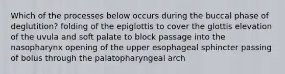 Which of the processes below occurs during the buccal phase of deglutition? folding of the epiglottis to cover the glottis elevation of the uvula and soft palate to block passage into the nasopharynx opening of the upper esophageal sphincter passing of bolus through the palatopharyngeal arch