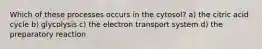 Which of these processes occurs in the cytosol? a) the citric acid cycle b) glycolysis c) the electron transport system d) the preparatory reaction