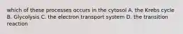 which of these processes occurs in the cytosol A. the Krebs cycle B. Glycolysis C. the electron transport system D. the transition reaction