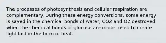 The processes of photosynthesis and <a href='https://www.questionai.com/knowledge/k1IqNYBAJw-cellular-respiration' class='anchor-knowledge'>cellular respiration</a> are complementary. During these energy conversions, some energy is saved in the chemical bonds of water, CO2 and O2 destroyed when the chemical bonds of glucose are made. used to create light lost in the form of heat.