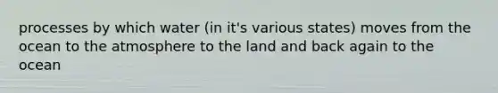 processes by which water (in it's various states) moves from the ocean to the atmosphere to the land and back again to the ocean