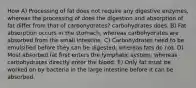 How A) Processing of fat does not require any digestive enzymes, whereas the processing of does the digestion and absorption of fat differ from that of carbohydrates? carbohydrates does. B) Fat absorption occurs in the stomach, whereas carbohydrates are absorbed from the small intestine. C) Carbohydrates need to be emulsified before they can be digested, whereas fats do not. D) Most absorbed fat first enters the lymphatic system, whereas carbohydrates directly enter the blood. E) Only fat must be worked on by bacteria in the large intestine before it can be absorbed.