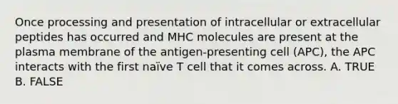 Once processing and presentation of intracellular or extracellular peptides has occurred and MHC molecules are present at the plasma membrane of the antigen-presenting cell (APC), the APC interacts with the first naïve T cell that it comes across. A. TRUE B. FALSE