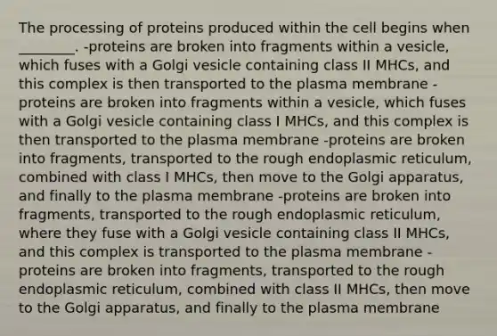 The processing of proteins produced within the cell begins when ________. -proteins are broken into fragments within a vesicle, which fuses with a Golgi vesicle containing class II MHCs, and this complex is then transported to the plasma membrane -proteins are broken into fragments within a vesicle, which fuses with a Golgi vesicle containing class I MHCs, and this complex is then transported to the plasma membrane -proteins are broken into fragments, transported to the rough endoplasmic reticulum, combined with class I MHCs, then move to the Golgi apparatus, and finally to the plasma membrane -proteins are broken into fragments, transported to the rough endoplasmic reticulum, where they fuse with a Golgi vesicle containing class II MHCs, and this complex is transported to the plasma membrane -proteins are broken into fragments, transported to the rough endoplasmic reticulum, combined with class II MHCs, then move to the Golgi apparatus, and finally to the plasma membrane