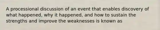 A processional discussion of an event that enables discovery of what happened, why it happened, and how to sustain the strengths and improve the weaknesses is known as