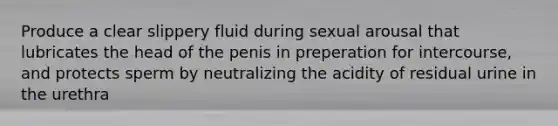 Produce a clear slippery fluid during sexual arousal that lubricates the head of the penis in preperation for intercourse, and protects sperm by neutralizing the acidity of residual urine in the urethra