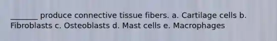 _______ produce <a href='https://www.questionai.com/knowledge/kYDr0DHyc8-connective-tissue' class='anchor-knowledge'>connective tissue</a> fibers. a. Cartilage cells b. Fibroblasts c. Osteoblasts d. Mast cells e. Macrophages