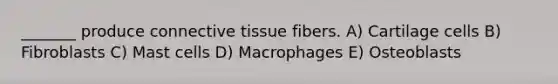 _______ produce connective tissue fibers. A) Cartilage cells B) Fibroblasts C) Mast cells D) Macrophages E) Osteoblasts