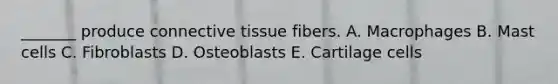 _______ produce <a href='https://www.questionai.com/knowledge/kYDr0DHyc8-connective-tissue' class='anchor-knowledge'>connective tissue</a> fibers. A. Macrophages B. Mast cells C. Fibroblasts D. Osteoblasts E. Cartilage cells