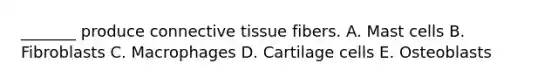 _______ produce connective tissue fibers. A. Mast cells B. Fibroblasts C. Macrophages D. Cartilage cells E. Osteoblasts