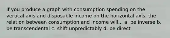 If you produce a graph with consumption spending on the vertical axis and disposable income on the horizontal axis, the relation between consumption and income will... a. be inverse b. be transcendental c. shift unpredictably d. be direct