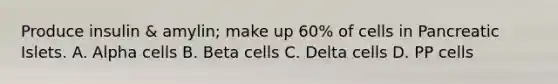 Produce insulin & amylin; make up 60% of cells in Pancreatic Islets. A. Alpha cells B. Beta cells C. Delta cells D. PP cells