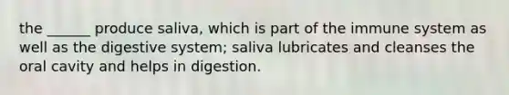 the ______ produce saliva, which is part of the immune system as well as the digestive system; saliva lubricates and cleanses the oral cavity and helps in digestion.