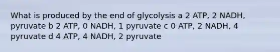 What is produced by the end of glycolysis a 2 ATP, 2 NADH, pyruvate b 2 ATP, 0 NADH, 1 pyruvate c 0 ATP, 2 NADH, 4 pyruvate d 4 ATP, 4 NADH, 2 pyruvate