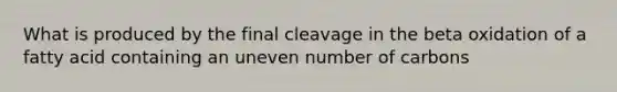 What is produced by the final cleavage in the beta oxidation of a fatty acid containing an uneven number of carbons