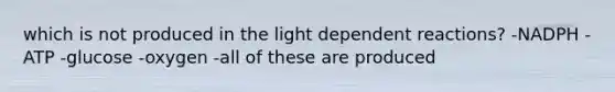 which is not produced in the light dependent reactions? -NADPH -ATP -glucose -oxygen -all of these are produced