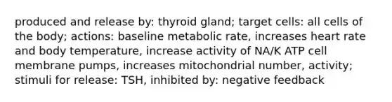 produced and release by: thyroid gland; target cells: all cells of the body; actions: baseline metabolic rate, increases heart rate and body temperature, increase activity of NA/K ATP cell membrane pumps, increases mitochondrial number, activity; stimuli for release: TSH, inhibited by: negative feedback