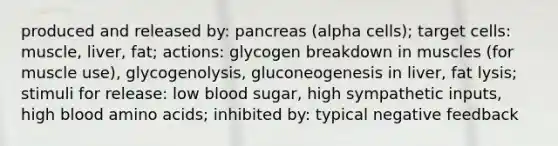 produced and released by: pancreas (alpha cells); target cells: muscle, liver, fat; actions: glycogen breakdown in muscles (for muscle use), glycogenolysis, gluconeogenesis in liver, fat lysis; stimuli for release: low blood sugar, high sympathetic inputs, high blood amino acids; inhibited by: typical negative feedback