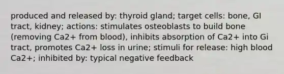 produced and released by: thyroid gland; target cells: bone, GI tract, kidney; actions: stimulates osteoblasts to build bone (removing Ca2+ from blood), inhibits absorption of Ca2+ into Gi tract, promotes Ca2+ loss in urine; stimuli for release: high blood Ca2+; inhibited by: typical negative feedback