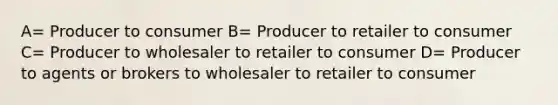 A= Producer to consumer B= Producer to retailer to consumer C= Producer to wholesaler to retailer to consumer D= Producer to agents or brokers to wholesaler to retailer to consumer