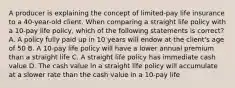 A producer is explaining the concept of limited-pay life insurance to a 40-year-old client. When comparing a straight life policy with a 10-pay life policy, which of the following statements is correct? A. A policy fully paid up in 10 years will endow at the client's age of 50 B. A 10-pay life policy will have a lower annual premium than a straight life C. A straight life policy has immediate cash value D. The cash value in a straight life policy will accumulate at a slower rate than the cash value in a 10-pay life