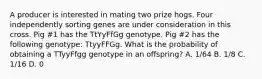 A producer is interested in mating two prize hogs. Four independently sorting genes are under consideration in this cross. Pig #1 has the TtYyFfGg genotype. Pig #2 has the following genotype: TtyyFFGg. What is the probability of obtaining a TTyyFfgg genotype in an offspring? A. 1/64 B. 1/8 C. 1/16 D. 0