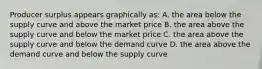 Producer surplus appears graphically as: A. the area below the supply curve and above the market price B. the area above the supply curve and below the market price C. the area above the supply curve and below the demand curve D. the area above the demand curve and below the supply curve