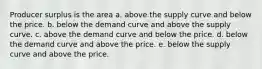 Producer surplus is the area a. above the supply curve and below the price. b. below the demand curve and above the supply curve. c. above the demand curve and below the price. d. below the demand curve and above the price. e. below the supply curve and above the price.