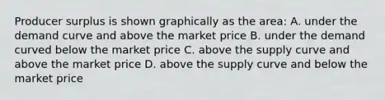 Producer surplus is shown graphically as the area: A. under the demand curve and above the market price B. under the demand curved below the market price C. above the supply curve and above the market price D. above the supply curve and below the market price