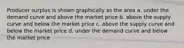 Producer surplus is shown graphically as the area a. under the demand curve and above the market price b. above the supply curve and below the market price c. above the supply curve and below the market price d. under the demand curve and below the market price