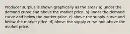 Producer surplus is shown graphically as the area? a) under the demand curve and above the market price. b) under the demand curve and below the market price. c) above the supply curve and below the market price. d) above the supply curve and above the market price.